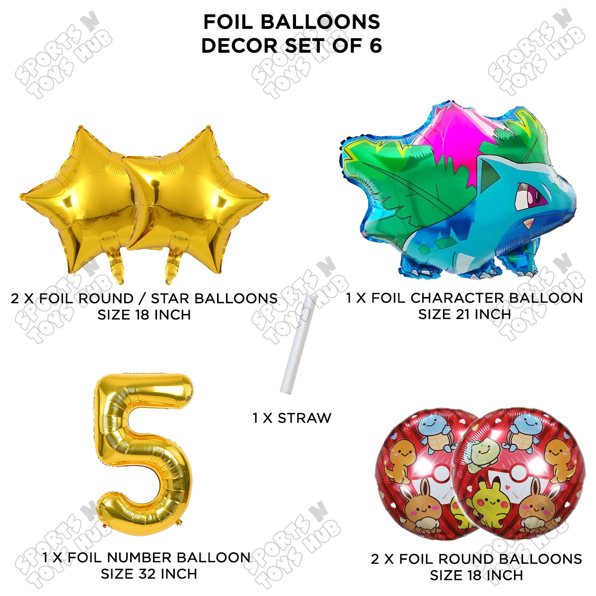 Ivy-saur Foil Balloon Set With Number Collection - Pack Of 6