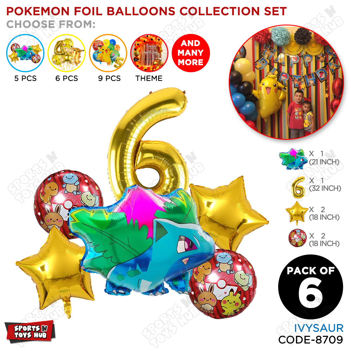 Ivy-saur Foil Balloon Set With Number Collection - Pack Of 6