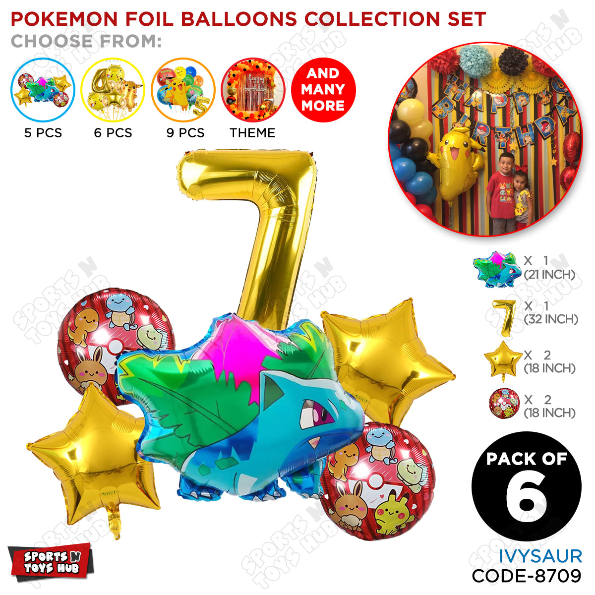 Ivy-saur Foil Balloon Set With Number Collection - Pack Of 6