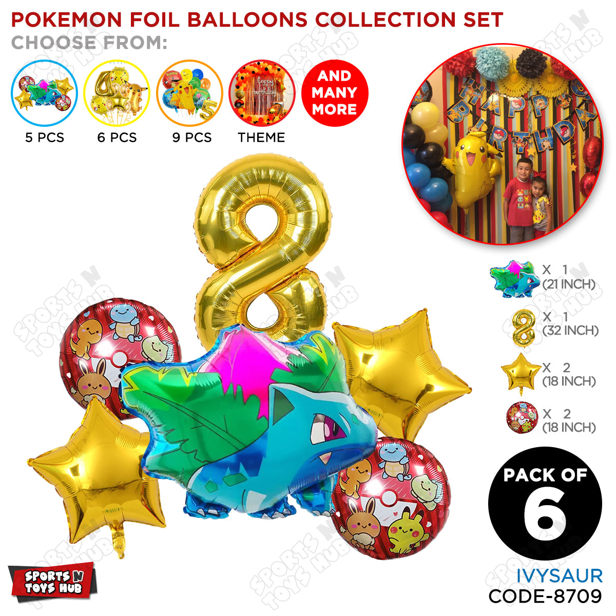 Ivy-saur Foil Balloon Set With Number Collection - Pack Of 6