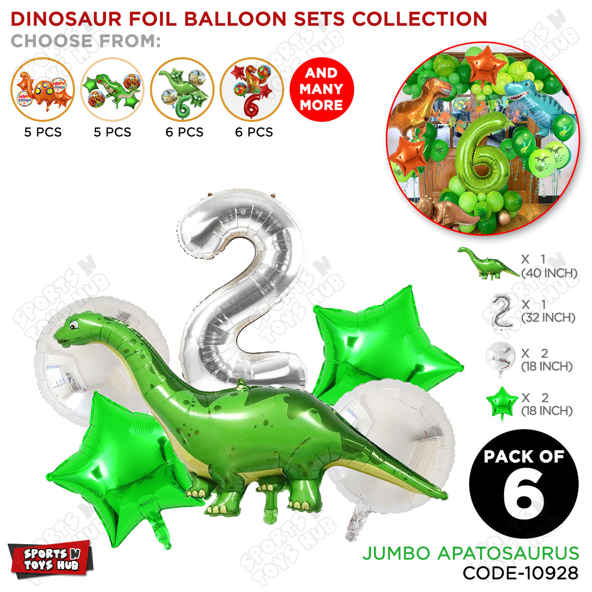 Jumbo Apatosaurus Dino Foil Balloon Pack Of 6 Set With 32 Inch Foil Number Balloons