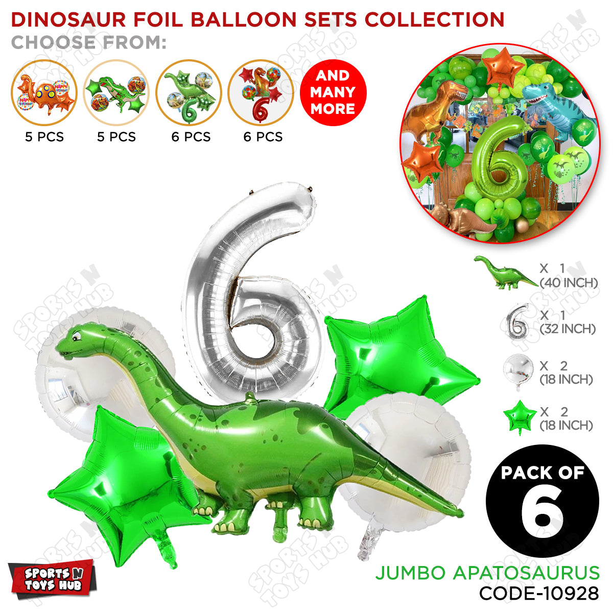 Jumbo Apatosaurus Dino Foil Balloon Pack Of 6 Set With 32 Inch Foil Number Balloons