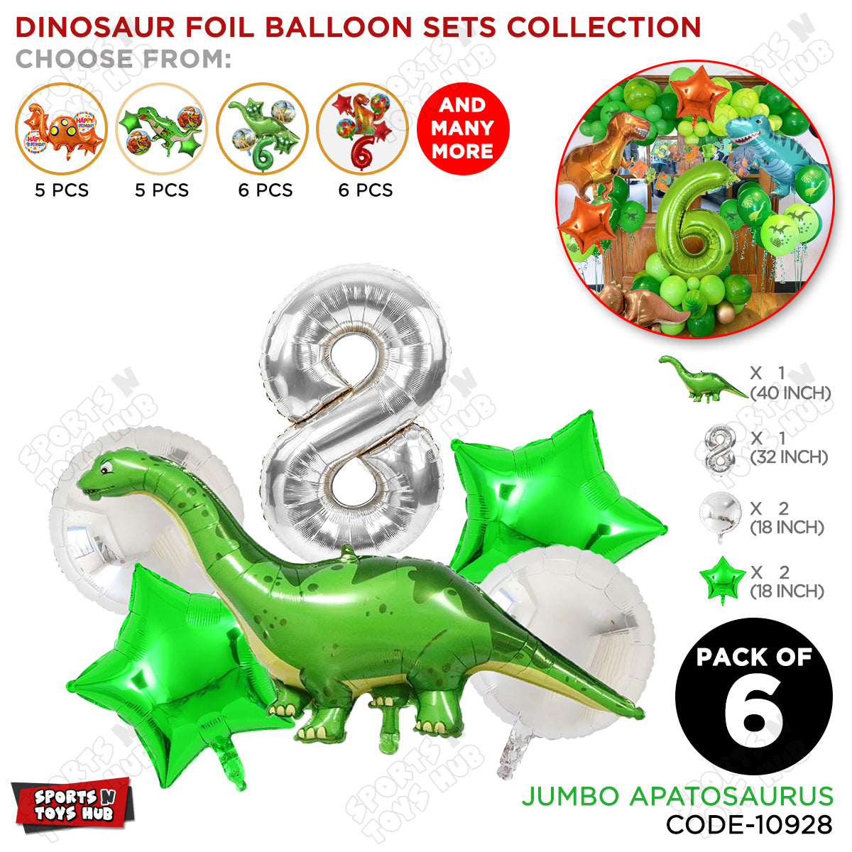 Jumbo Apatosaurus Dino Foil Balloon Pack Of 6 Set With 32 Inch Foil Number Balloons