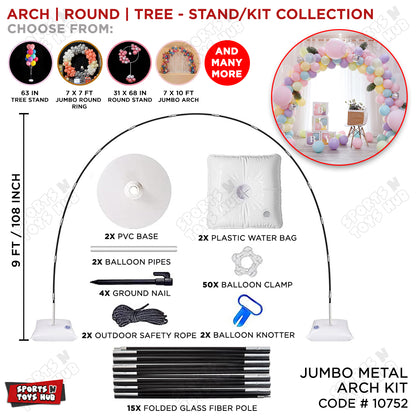 Jumbo Metal Balloon Arch Stand Kit – 9 FT / 108 Inch Heavy-Duty Balloon Garland Frame with PVC Bases, Water Bags, Fiberglass Poles, Balloon Clamps & Knotters for Birthday, Wedding, Baby Shower & Event Decor