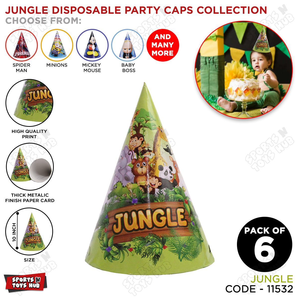 Jungle Safari Cartoons Characters Caps - 6 Pcs