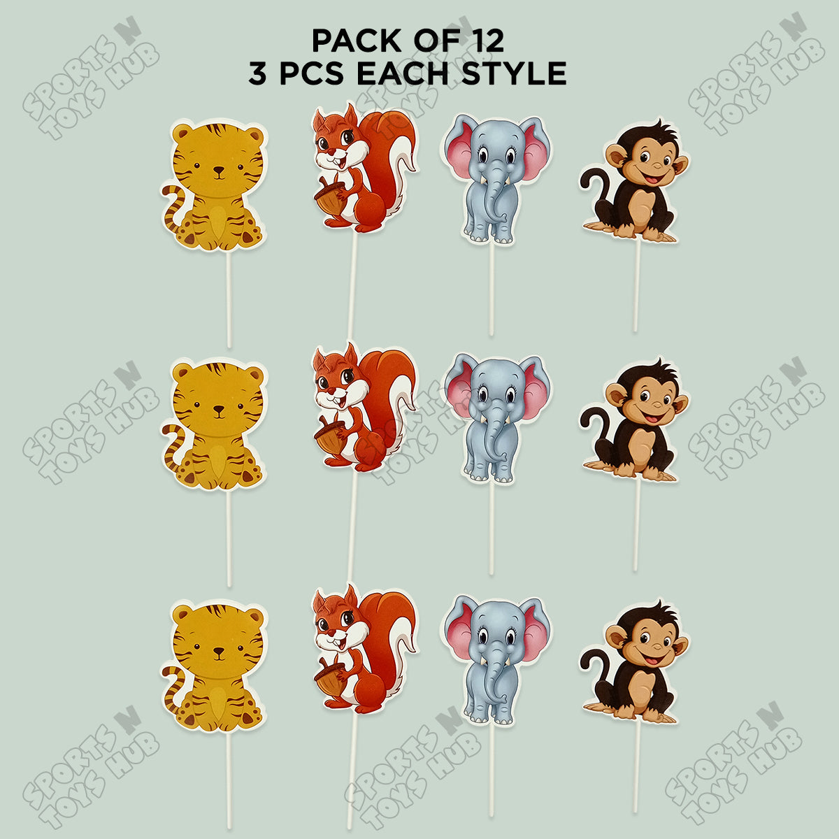 Cartoon Characters HBD Jungle Safari Cup Cake Topper - 12 Pcs