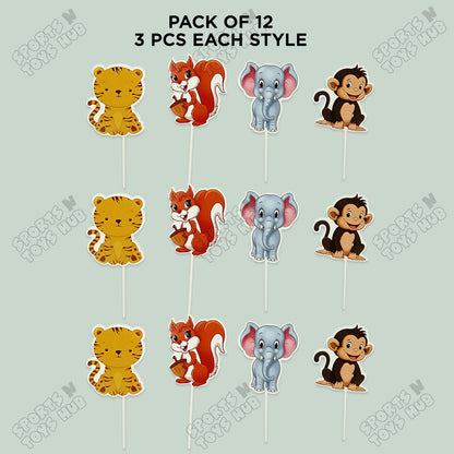 Cartoon Characters HBD Jungle Safari Cup Cake Topper - 12 Pcs