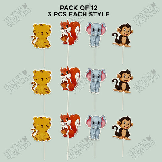 Cartoon Characters HBD Jungle Safari Cup Cake Topper - 12 Pcs