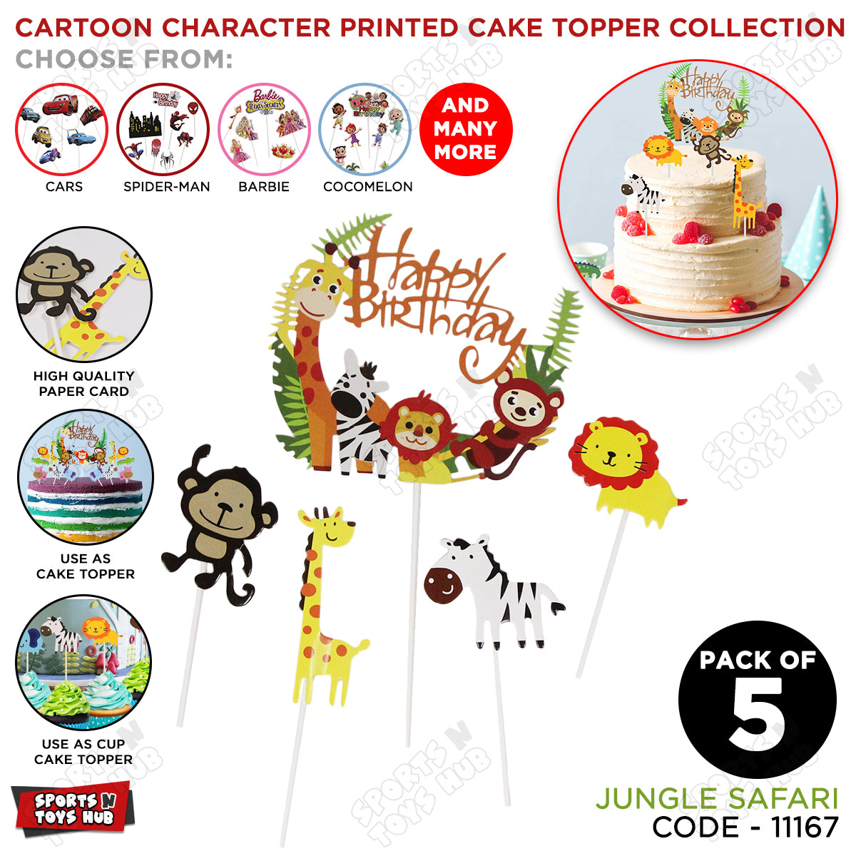 Cartoon Characters HBD Jungle Safari Cake Topper - 5 Pcs