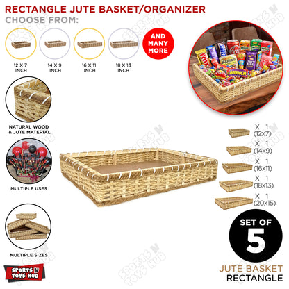 Set Of 5 - Jute Rope Knitted Rectangle Shape Wooden Basket