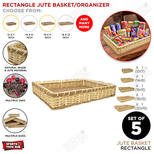 Set Of 5 - Jute Rope Knitted Rectangle Shape Wooden Basket