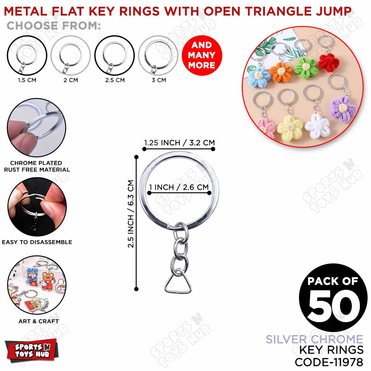 Silver Chrome Flat Key Rings with Triangle Jump Ring – Heavy Duty Metal Split Keychain Rings for DIY Crafts, Art Projects, Jewelry Making, Keychain Making, Bag Charms & Handmade Accessories