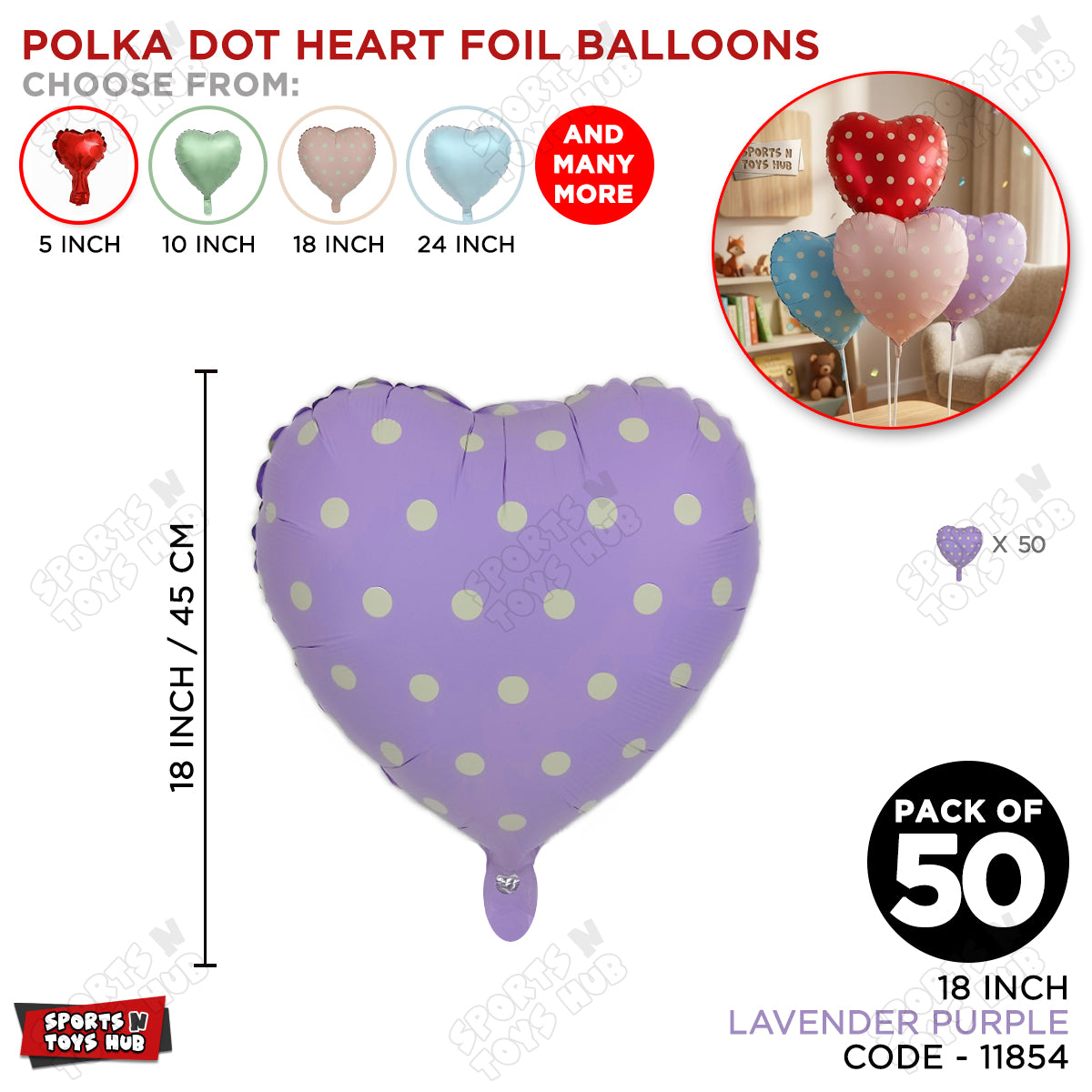 18 Inch - Matte Lavender Purple Polka Dot Heart Shape Foil Balloon