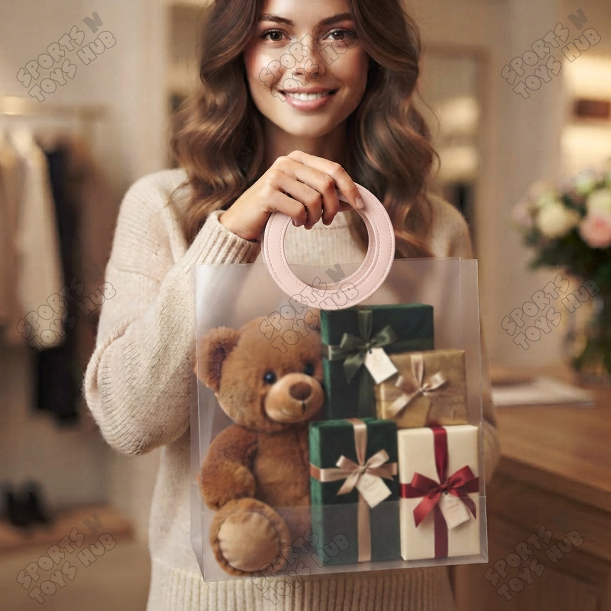 18 x 16 x 8 CM Frosted PP Plastic Gift Bag with Round Leather Handle – Reusable Transparent Shopping & Packaging Bag for Gifts, Party Favors, Boutique Products, Wedding Events, Retail Packaging & Gift Wrapping