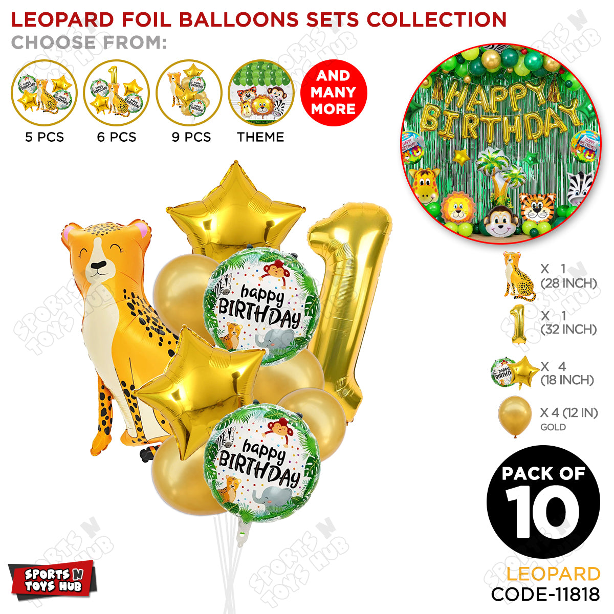 Jungle Safari Leopard Pack Of 10 Foil Balloon Set