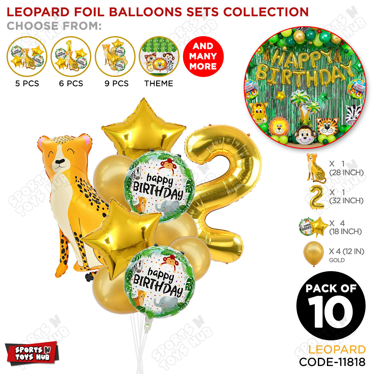 Jungle Safari Leopard Pack Of 10 Foil Balloon Set