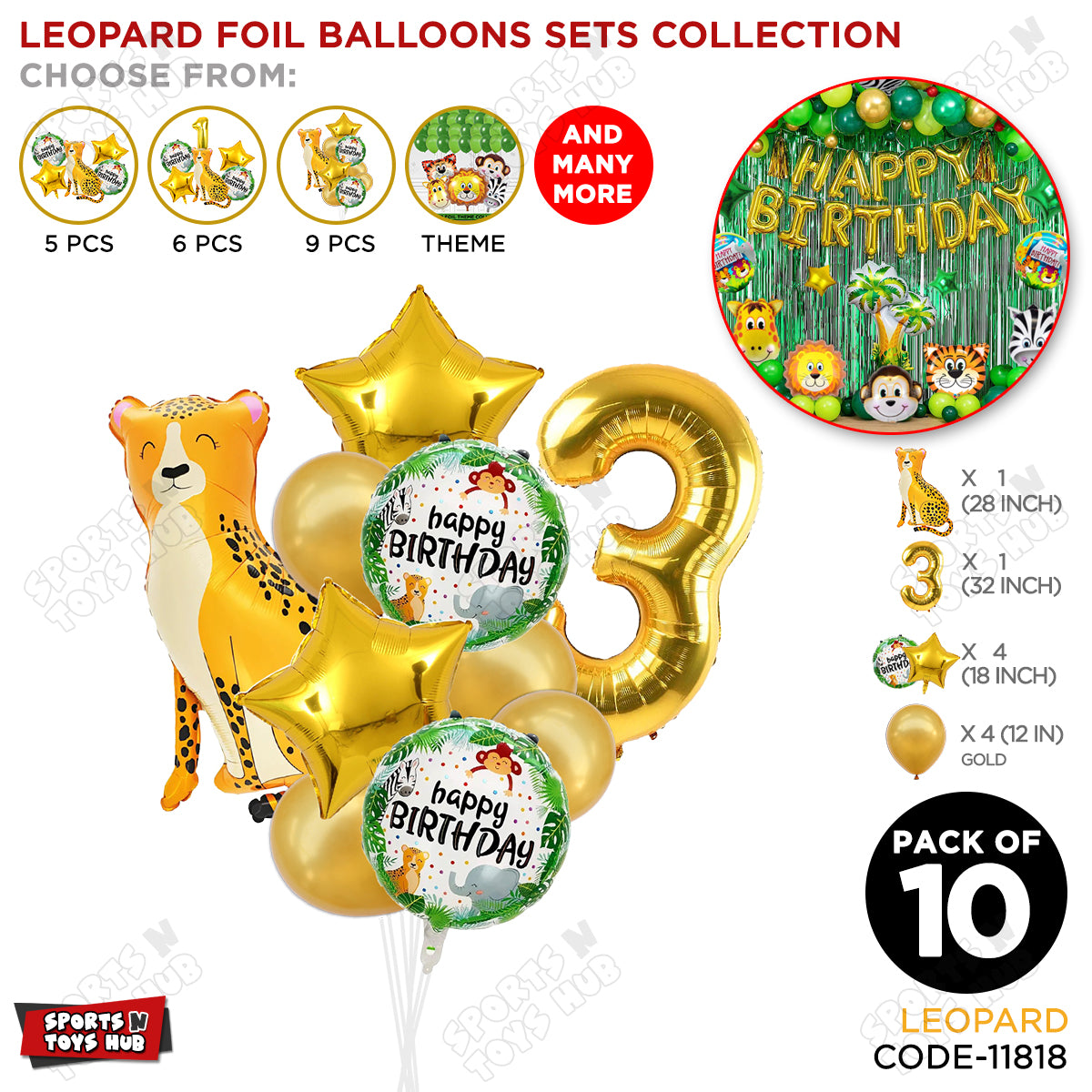 Jungle Safari Leopard Pack Of 10 Foil Balloon Set
