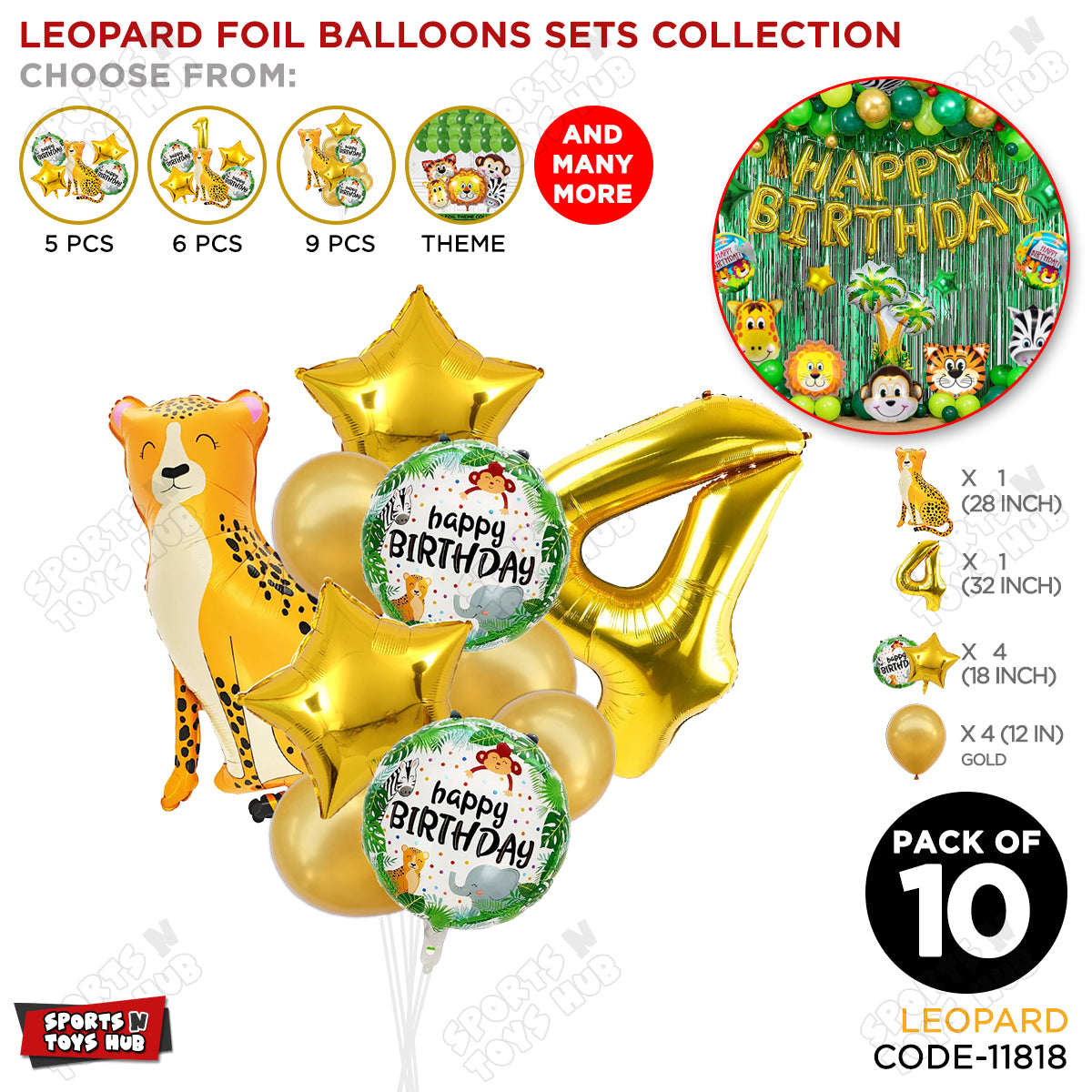 Jungle Safari Leopard Pack Of 10 Foil Balloon Set