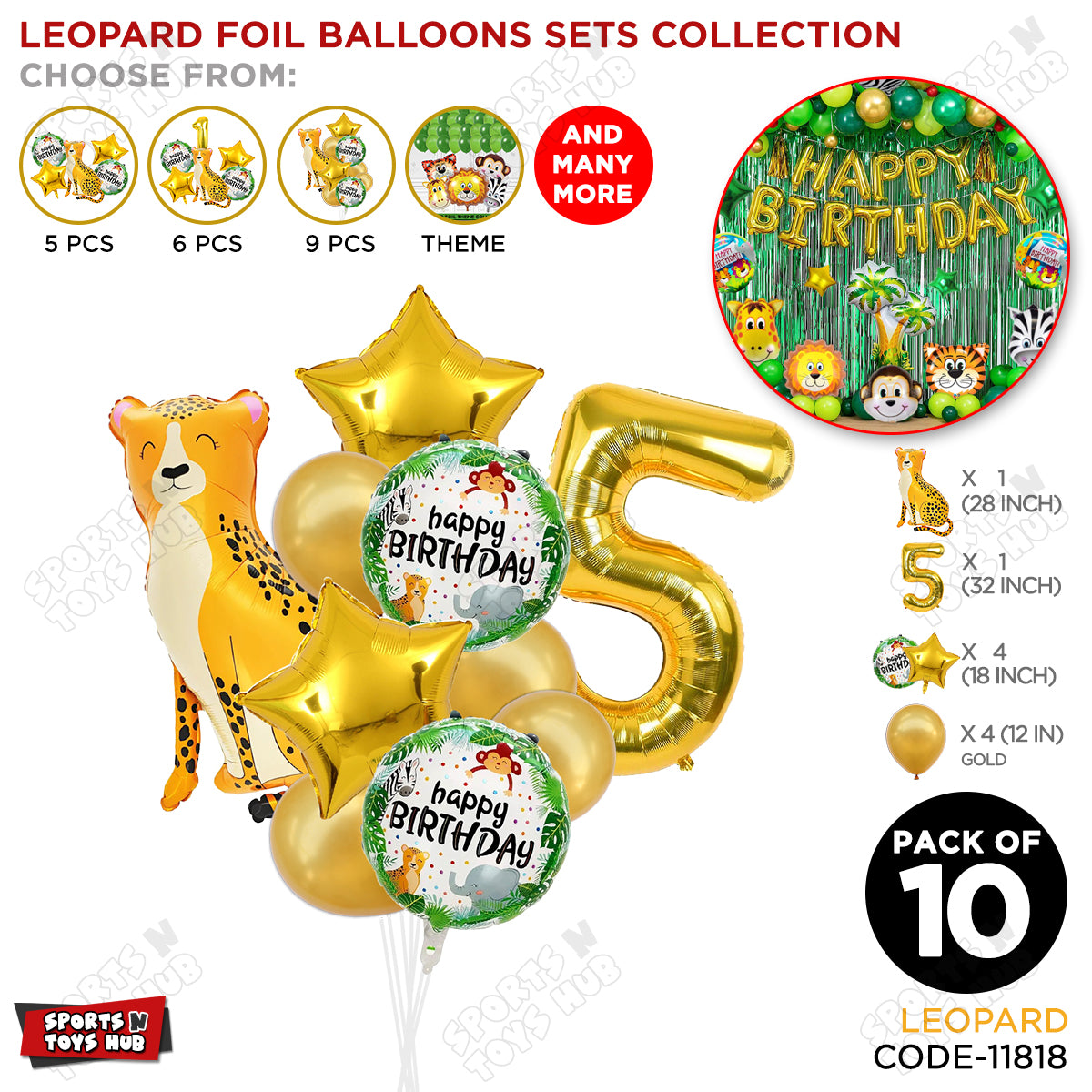 Jungle Safari Leopard Pack Of 10 Foil Balloon Set