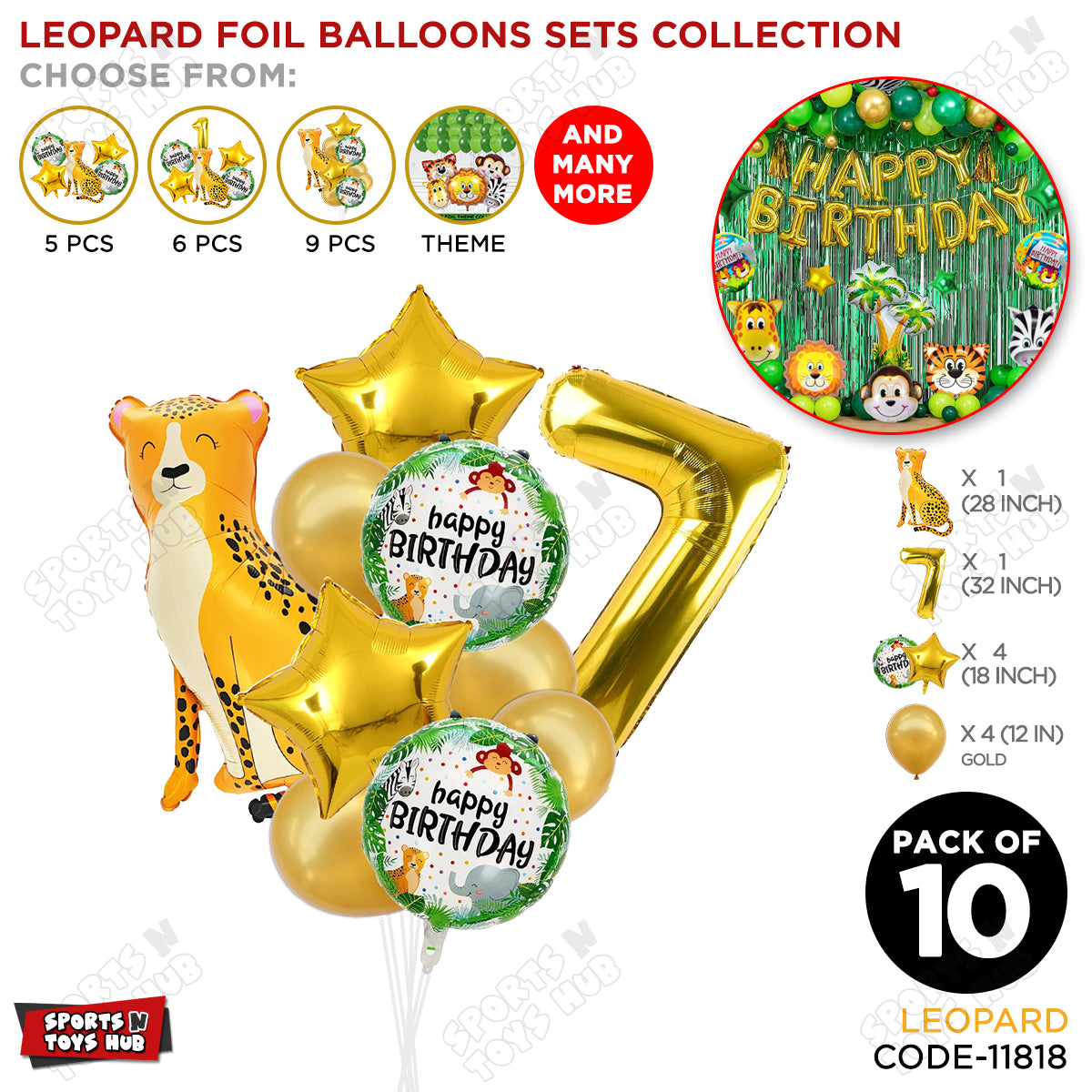 Jungle Safari Leopard Pack Of 10 Foil Balloon Set