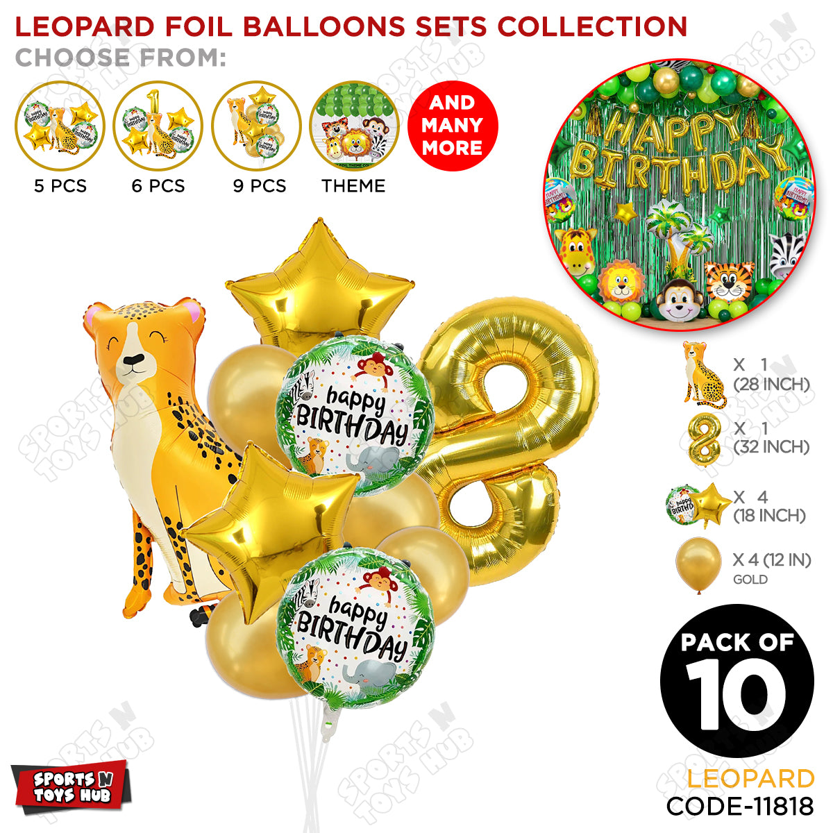 Jungle Safari Leopard Pack Of 10 Foil Balloon Set