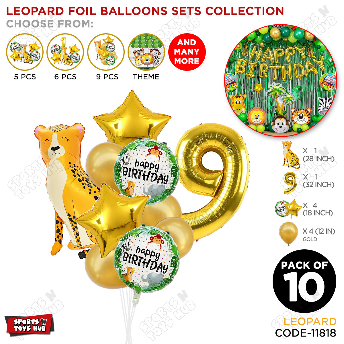 Jungle Safari Leopard Pack Of 10 Foil Balloon Set