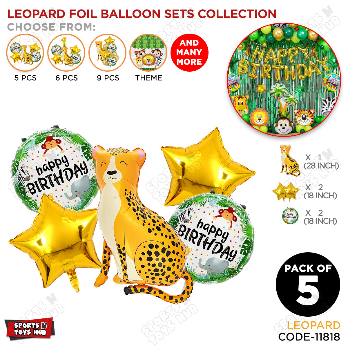 Jungle Safari Leopard Pack Of 5 Foil Balloon Set