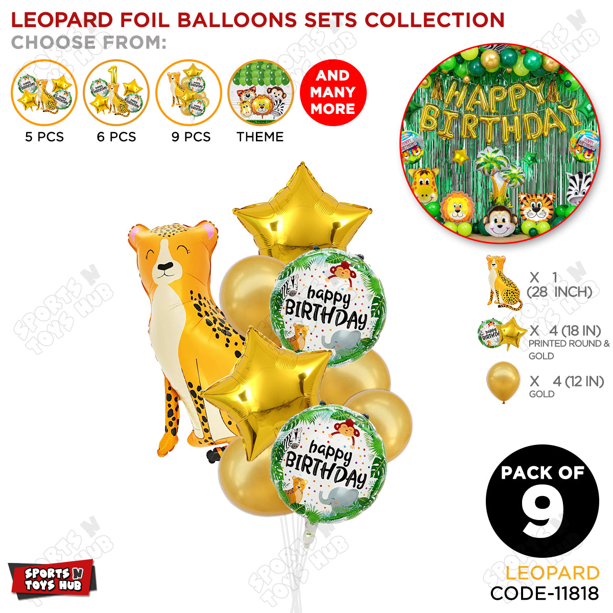 Jungle Safari Leopard Pack Of 9 Foil Balloon Set