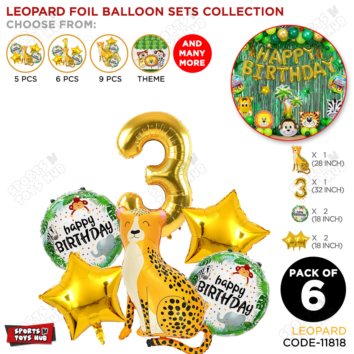 Jungle Safari Leopard Pack Of 6 Foil Balloon Set