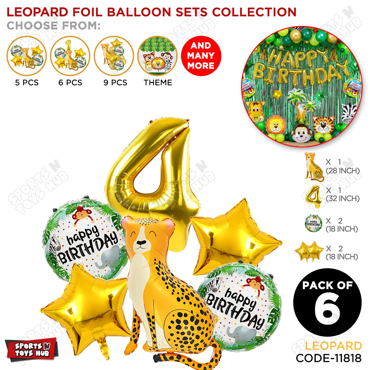 Jungle Safari Leopard Pack Of 6 Foil Balloon Set