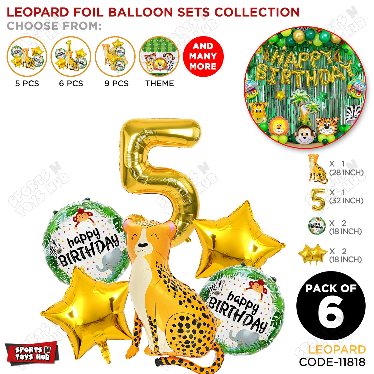 Jungle Safari Leopard Pack Of 6 Foil Balloon Set