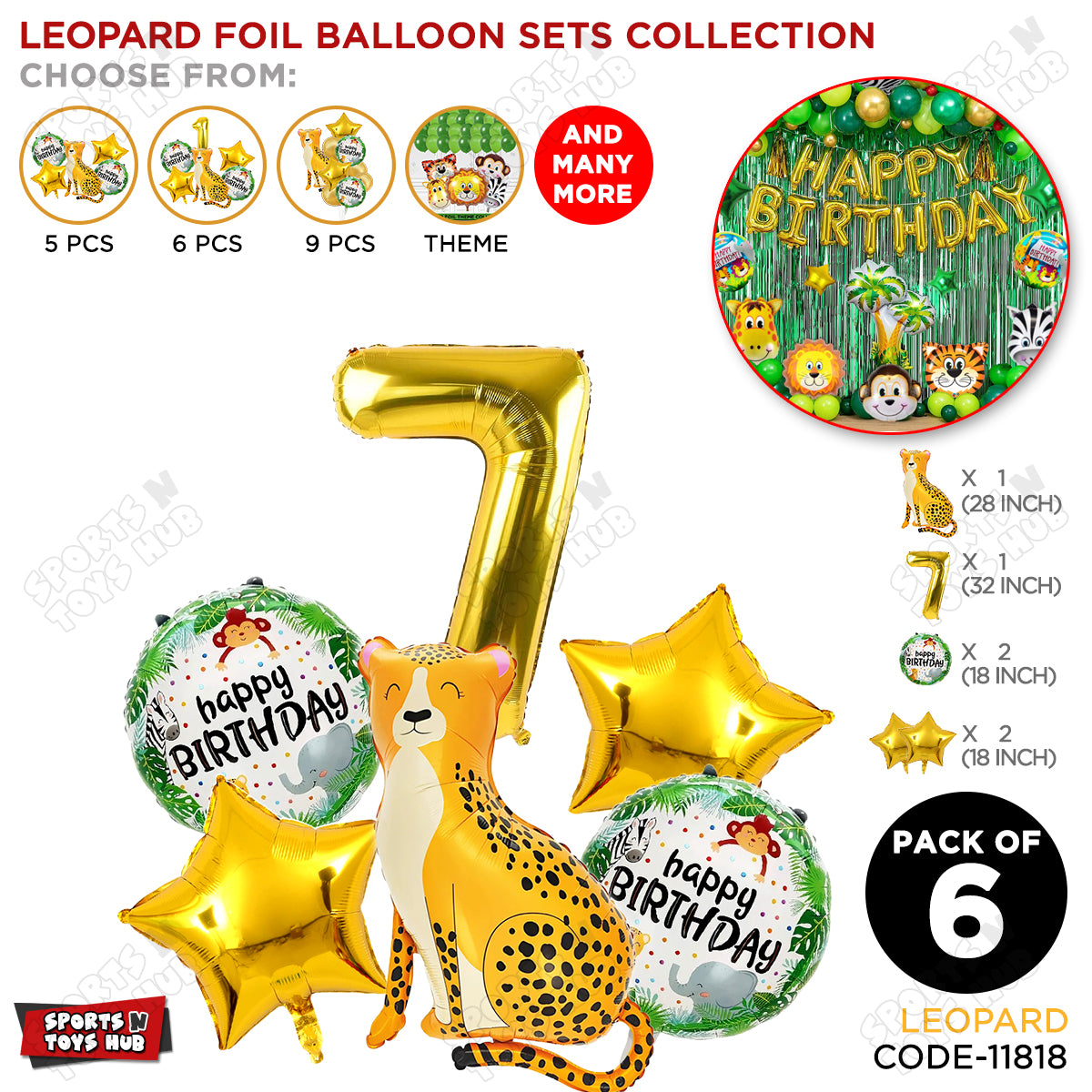 Jungle Safari Leopard Pack Of 6 Foil Balloon Set