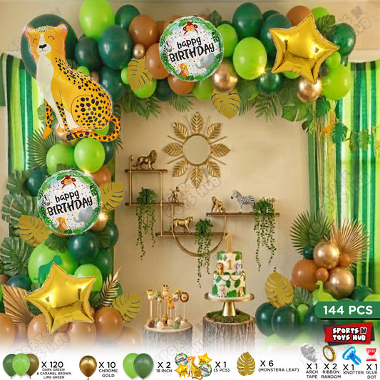 Jungle Safari Balloon Decoration Kit – 144 Pcs Green & Gold Leopard Face Theme Birthday Party Set with Balloon Arch Garland