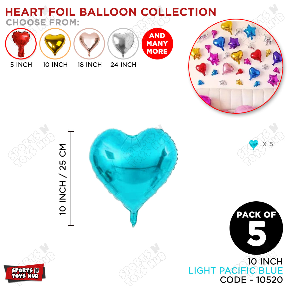 10 Inch - Heart Shape Foil Balloon Collection - Pack Of 5