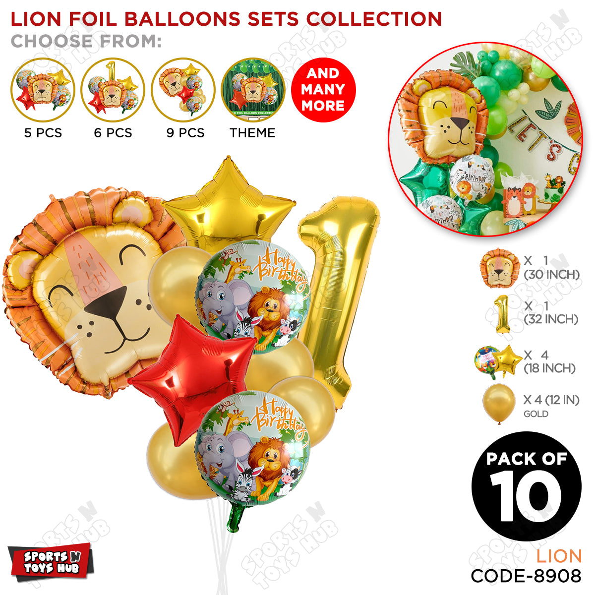 Jungle Safari Lion Pack Of 10 Foil Balloon Set