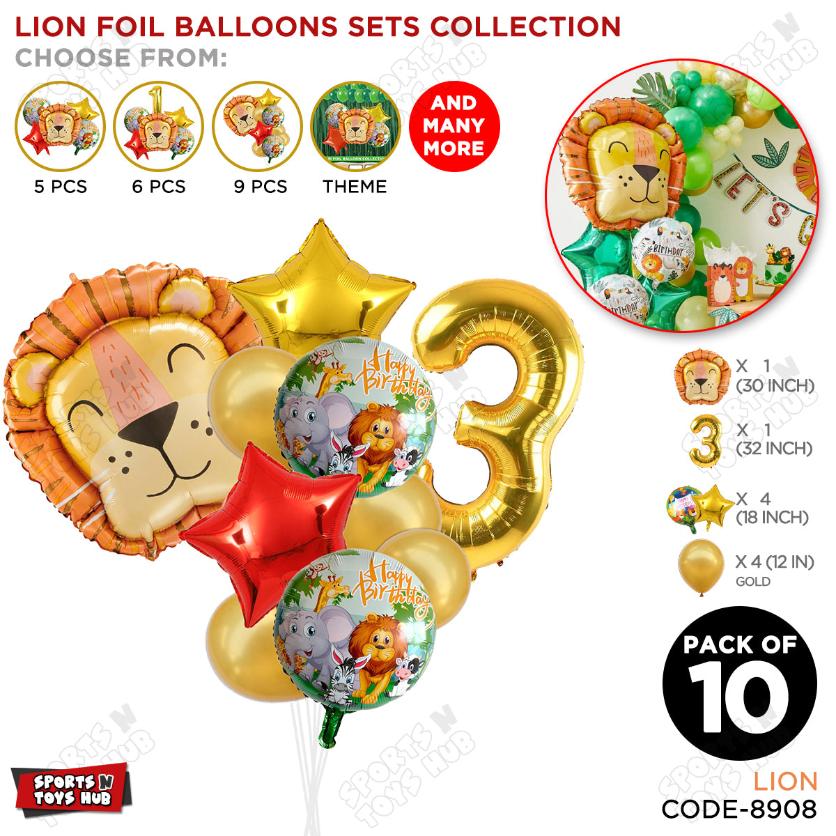 Jungle Safari Lion Pack Of 10 Foil Balloon Set