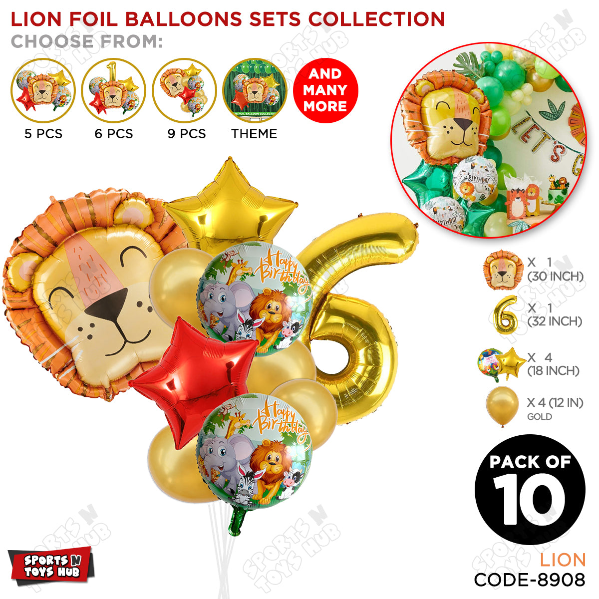 Jungle Safari Lion Pack Of 10 Foil Balloon Set