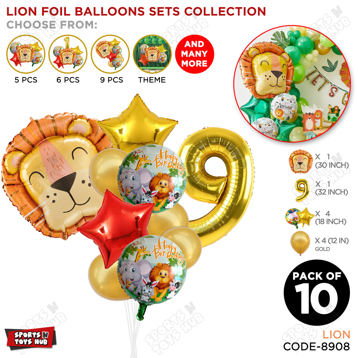 Jungle Safari Lion Pack Of 10 Foil Balloon Set