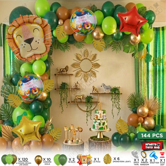 144 Pcs Premium Green, Brown & Chrome Gold Lion Theme with Balloon Arch Garland