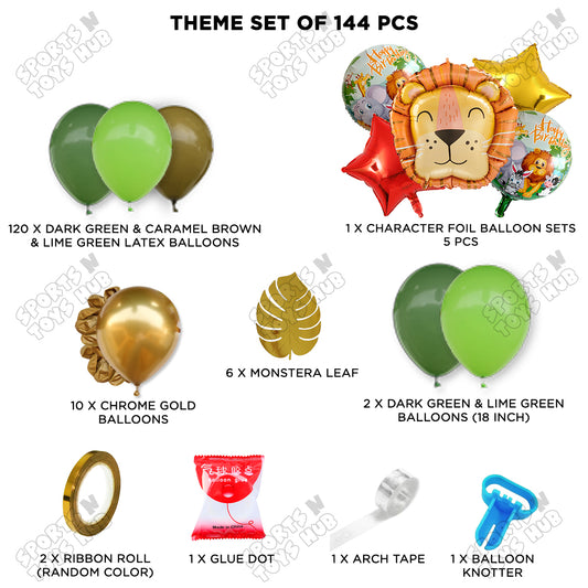 144 Pcs Premium Green, Brown & Chrome Gold Lion Theme with Balloon Arch Garland
