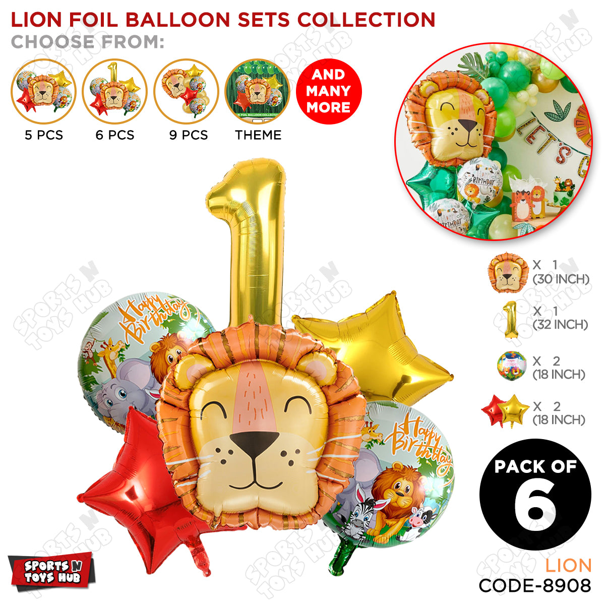 Lion Jungle Safari Pack Of 6 Foil Balloon Set