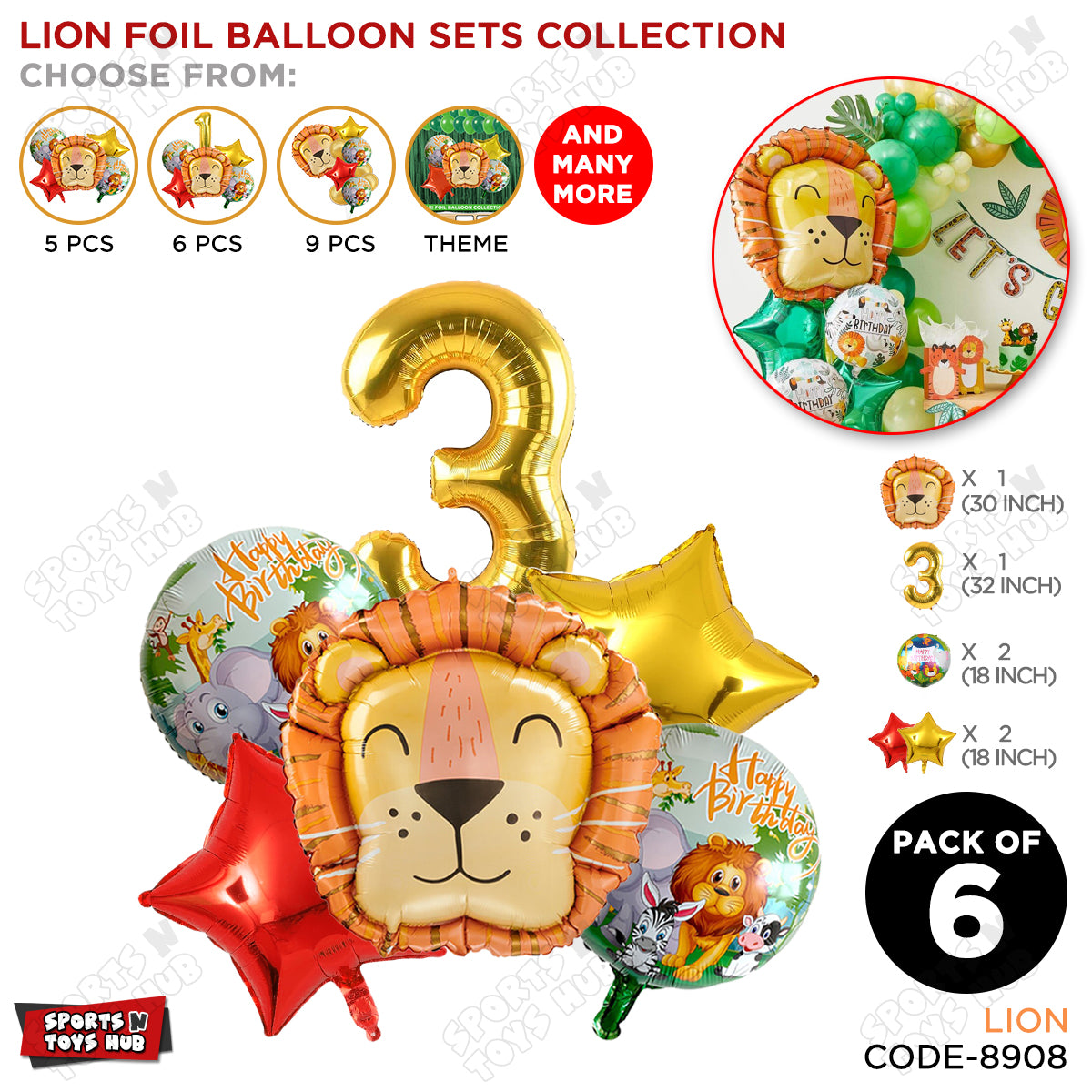 Lion Jungle Safari Pack Of 6 Foil Balloon Set
