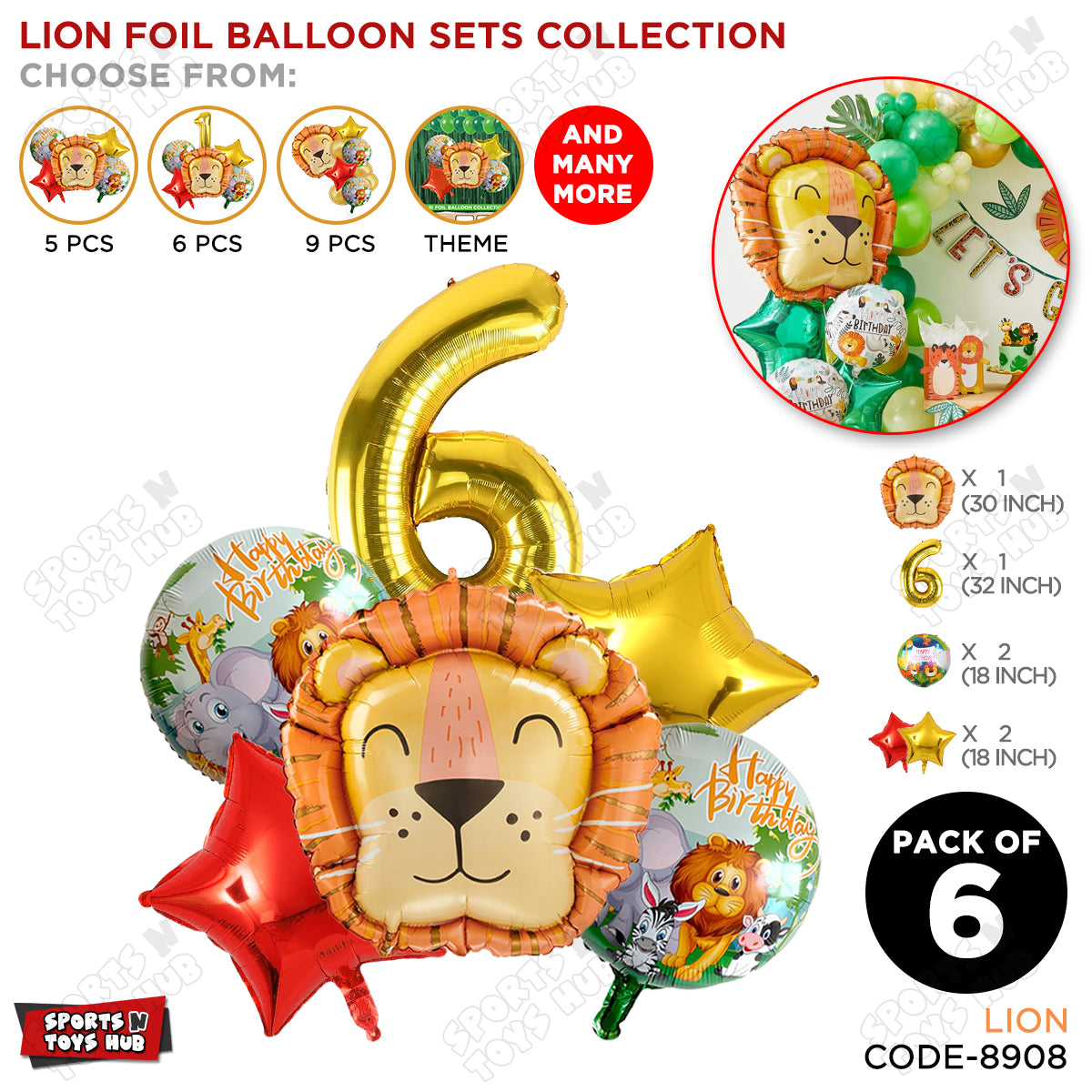 Lion Jungle Safari Pack Of 6 Foil Balloon Set