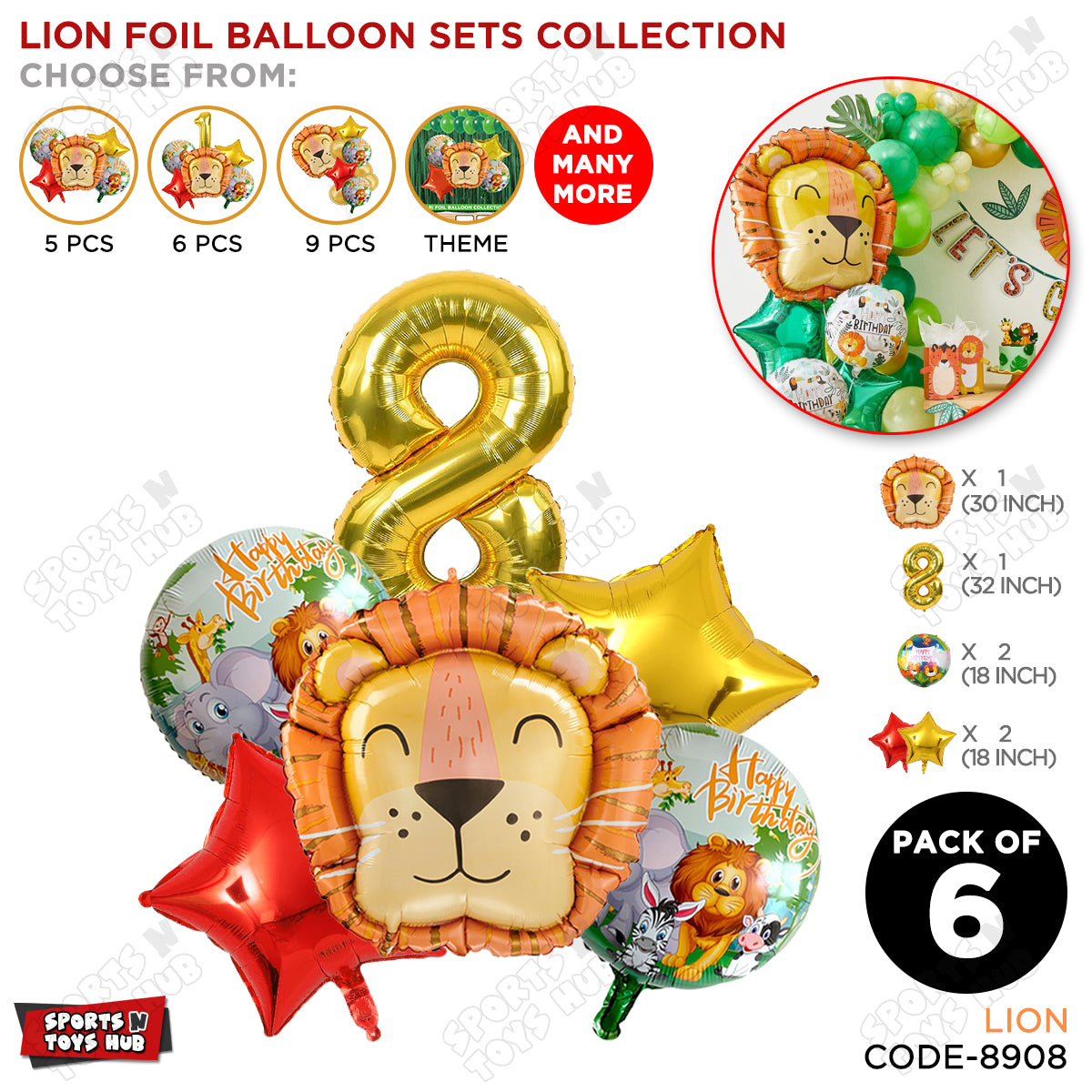 Lion Jungle Safari Pack Of 6 Foil Balloon Set