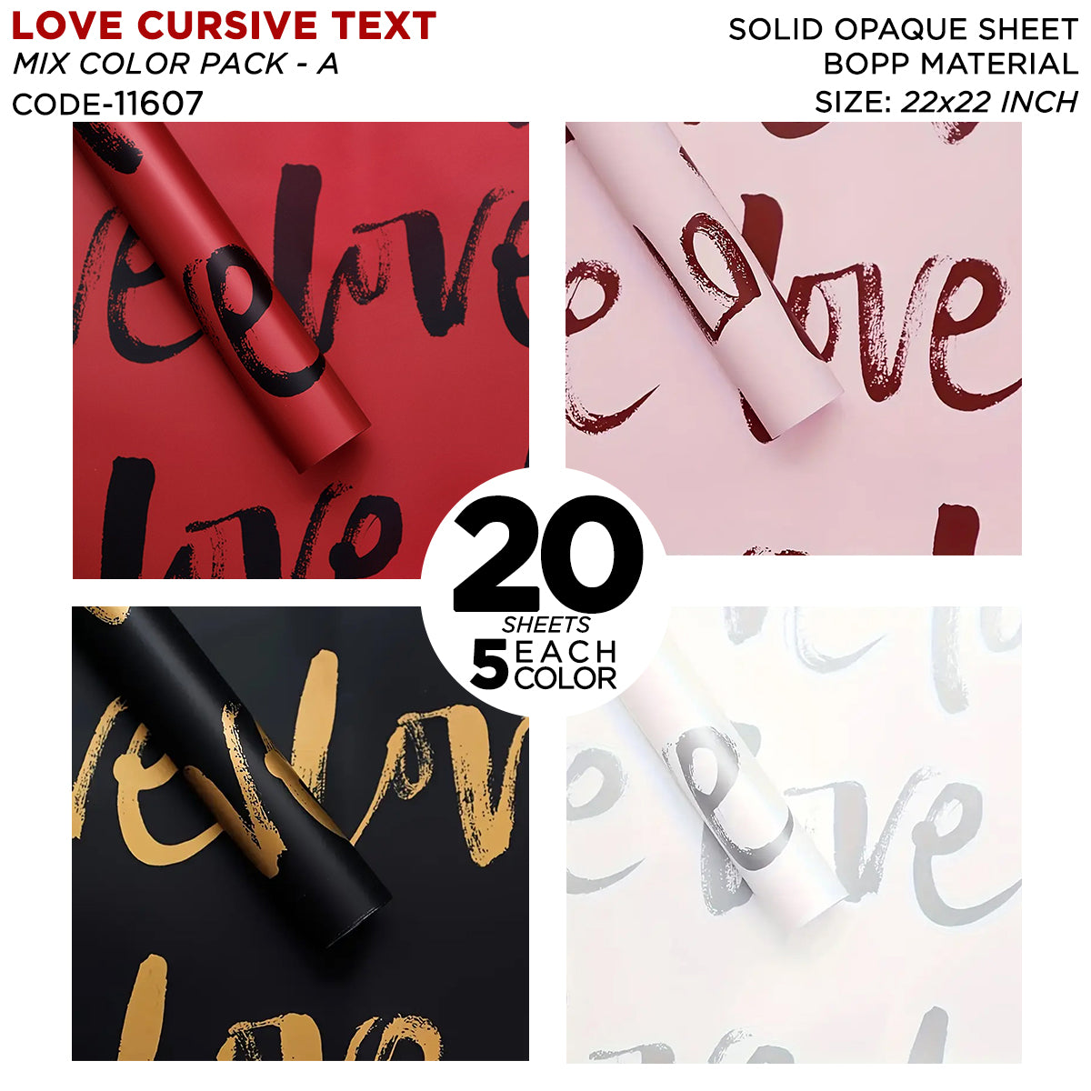 Love Cursive Text Bouquet Paper Sheet - Mix Color 20 Sheet Pack - Flower Wrapping Sheets