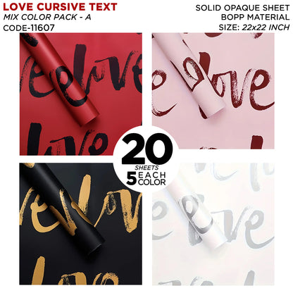 New Love Cursive Brush Script Text Print Opaque Floral Wrapping Sheets