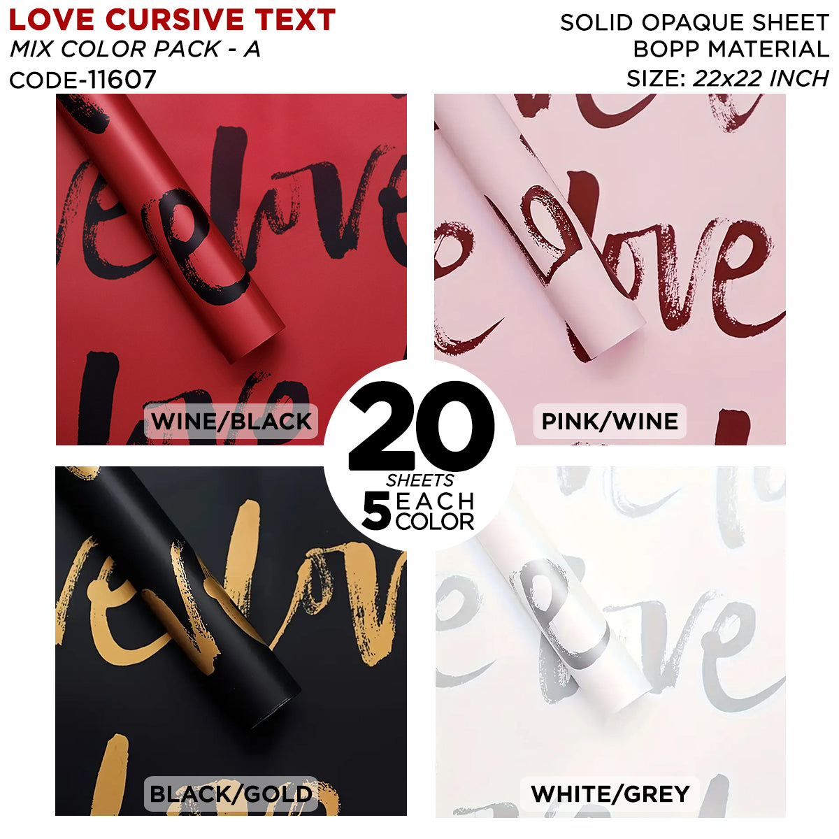 New Love Cursive Brush Script Text Print Opaque Floral Wrapping Sheets