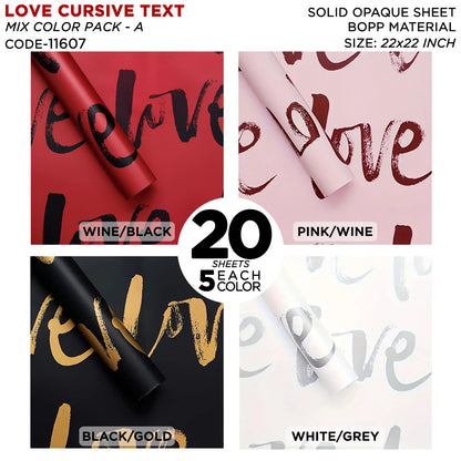 New Love Cursive Brush Script Text Print Opaque Floral Wrapping Sheets