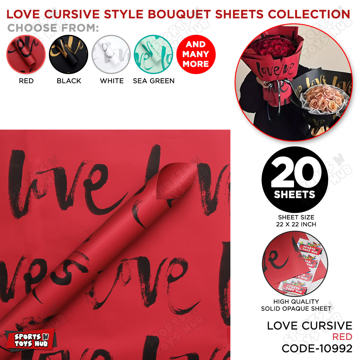 Cursive Brush Script LOVE Text Print Opaque Floral Wrapping Sheets