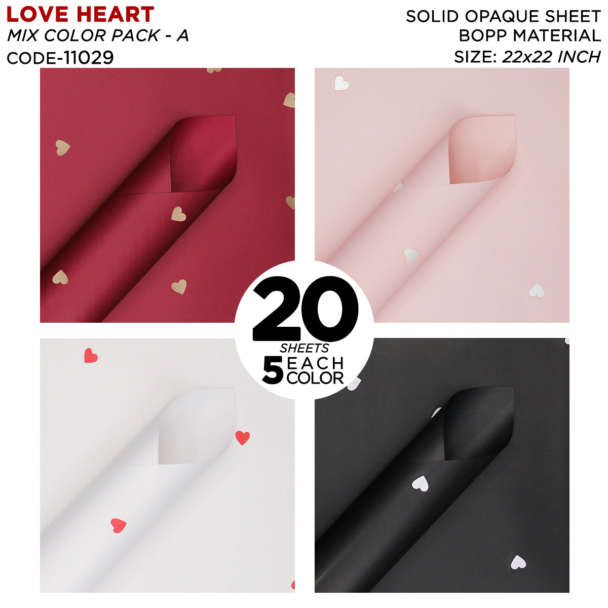 Love Hearts Printed Solid Opaque Flower Bouquet Sheets - Mix Color 20 Sheet Pack